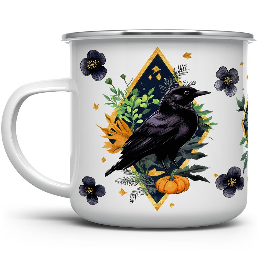 Spooky Fall Autumn Harvest Raven Camp Mug, Halloween Gifts