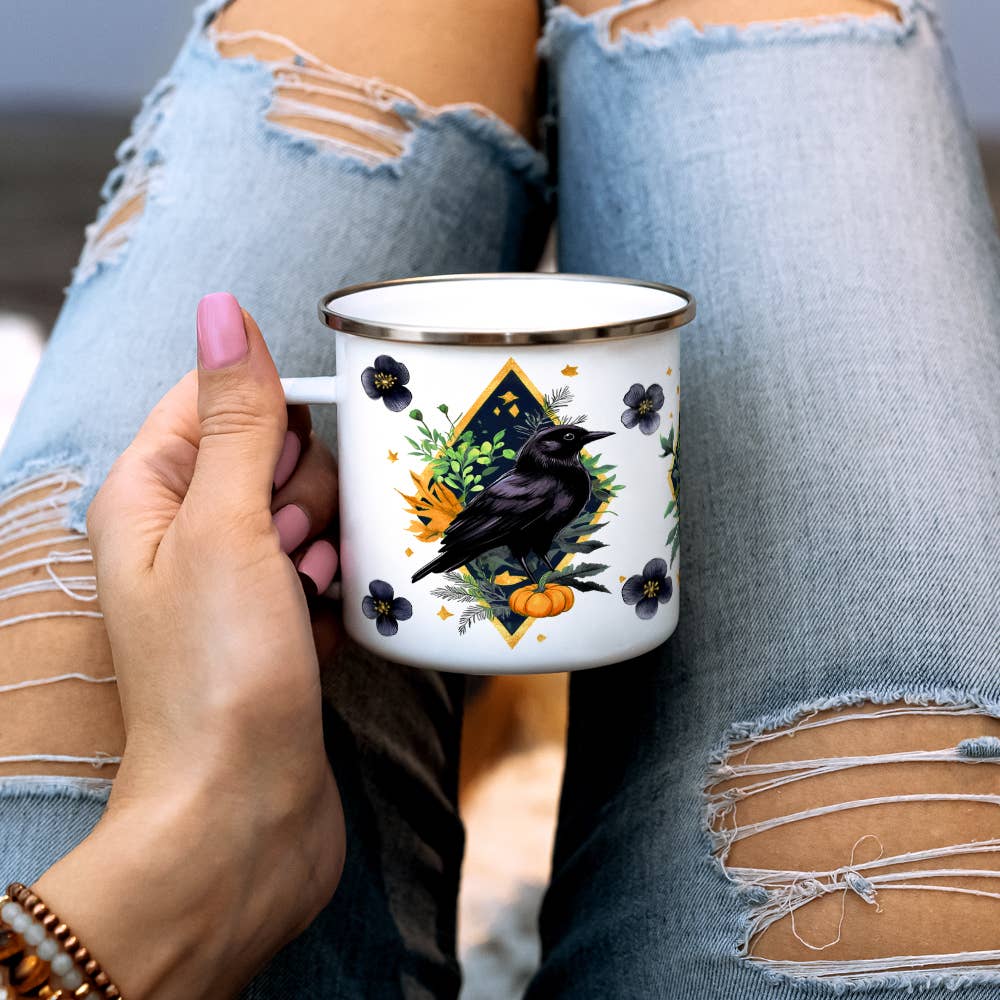 Spooky Fall Autumn Harvest Raven Camp Mug, Halloween Gifts