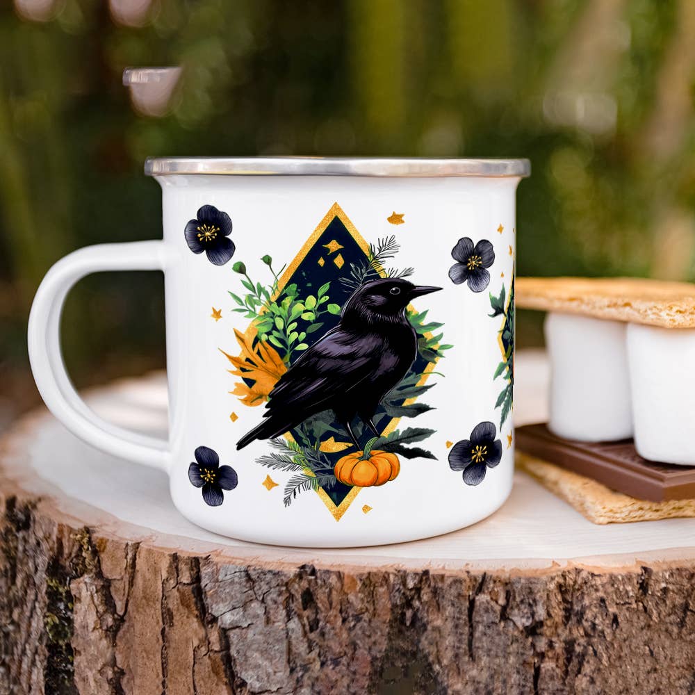 Spooky Fall Autumn Harvest Raven Camp Mug, Halloween Gifts