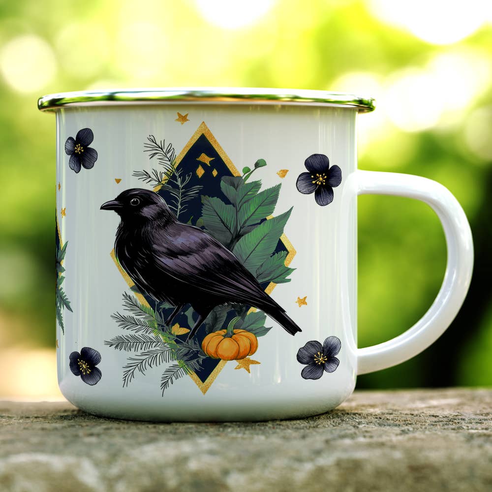 Spooky Fall Autumn Harvest Raven Camp Mug, Halloween Gifts