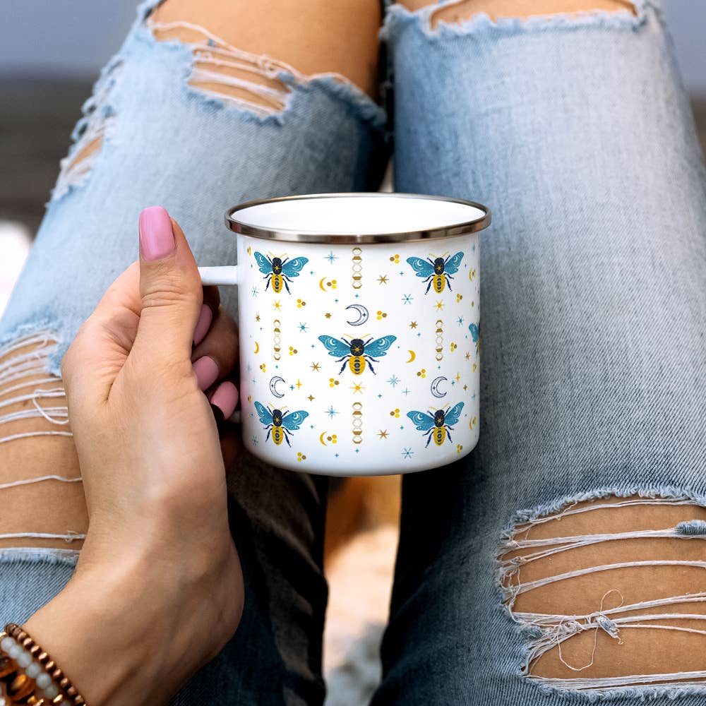 Celestial Bee Pattern Camp Mug,  Nature Moon Stars Cup