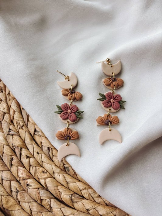 Fall Floral Moon Phase Earrings, Cottagecore, Celestial