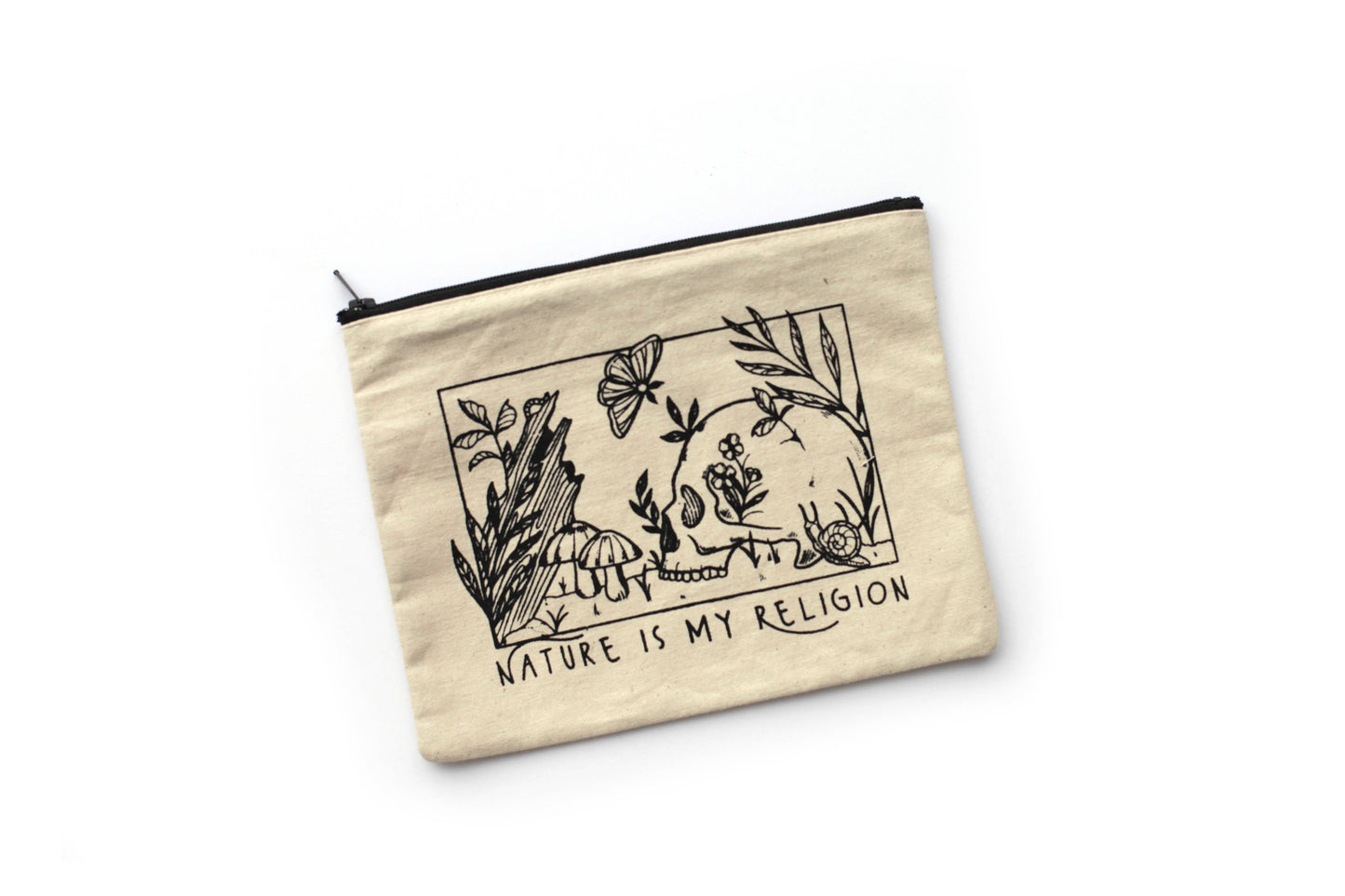 Nature is my Religion Zipper Pouch, skull travel make up bag