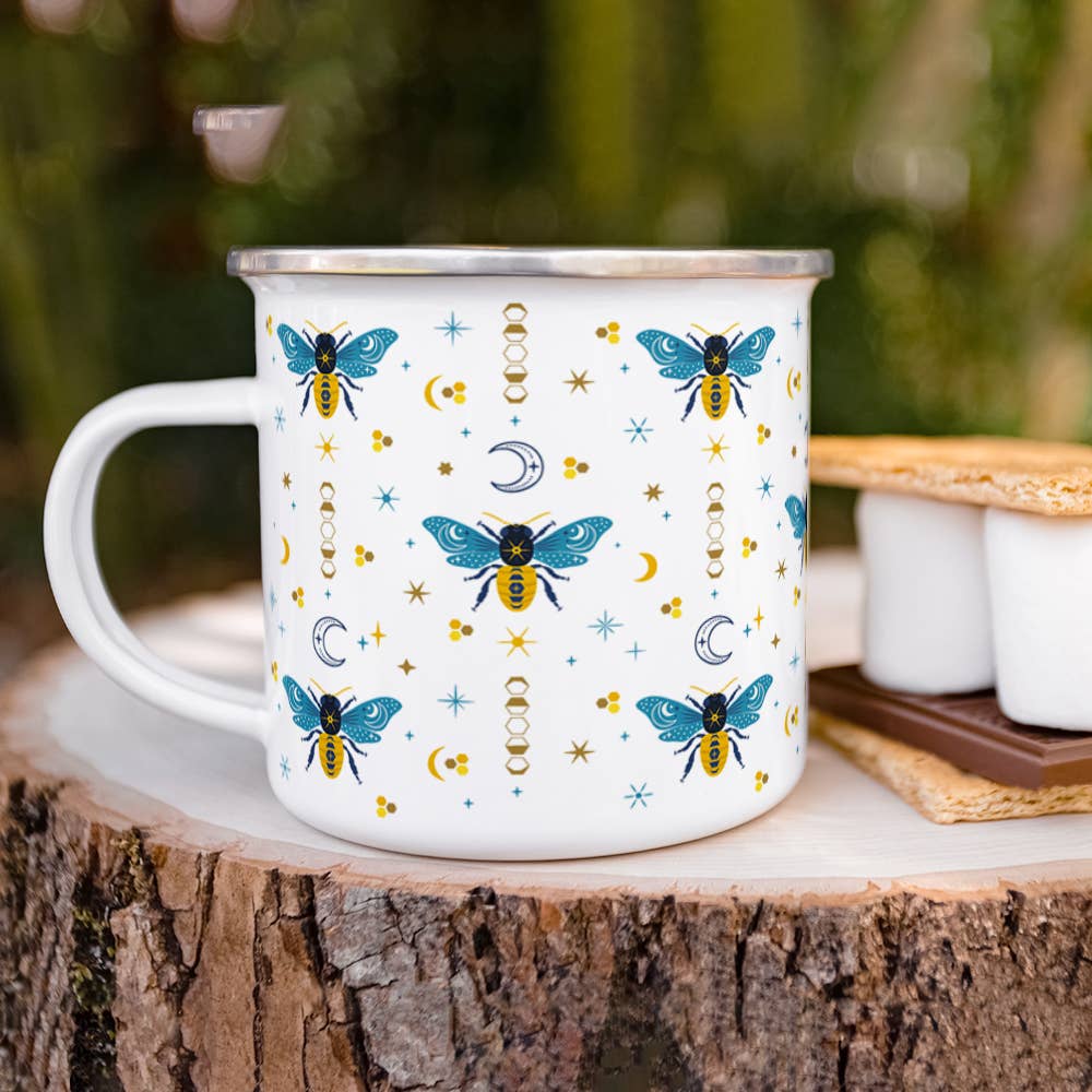 Celestial Bee Pattern Camp Mug,  Nature Moon Stars Cup