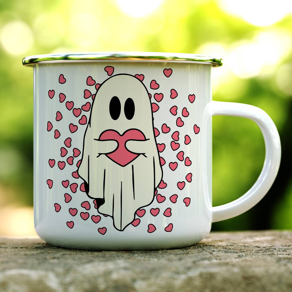 Cute Spooky Pink Heart Ghost Camp Mug, Valentines Day Gifts