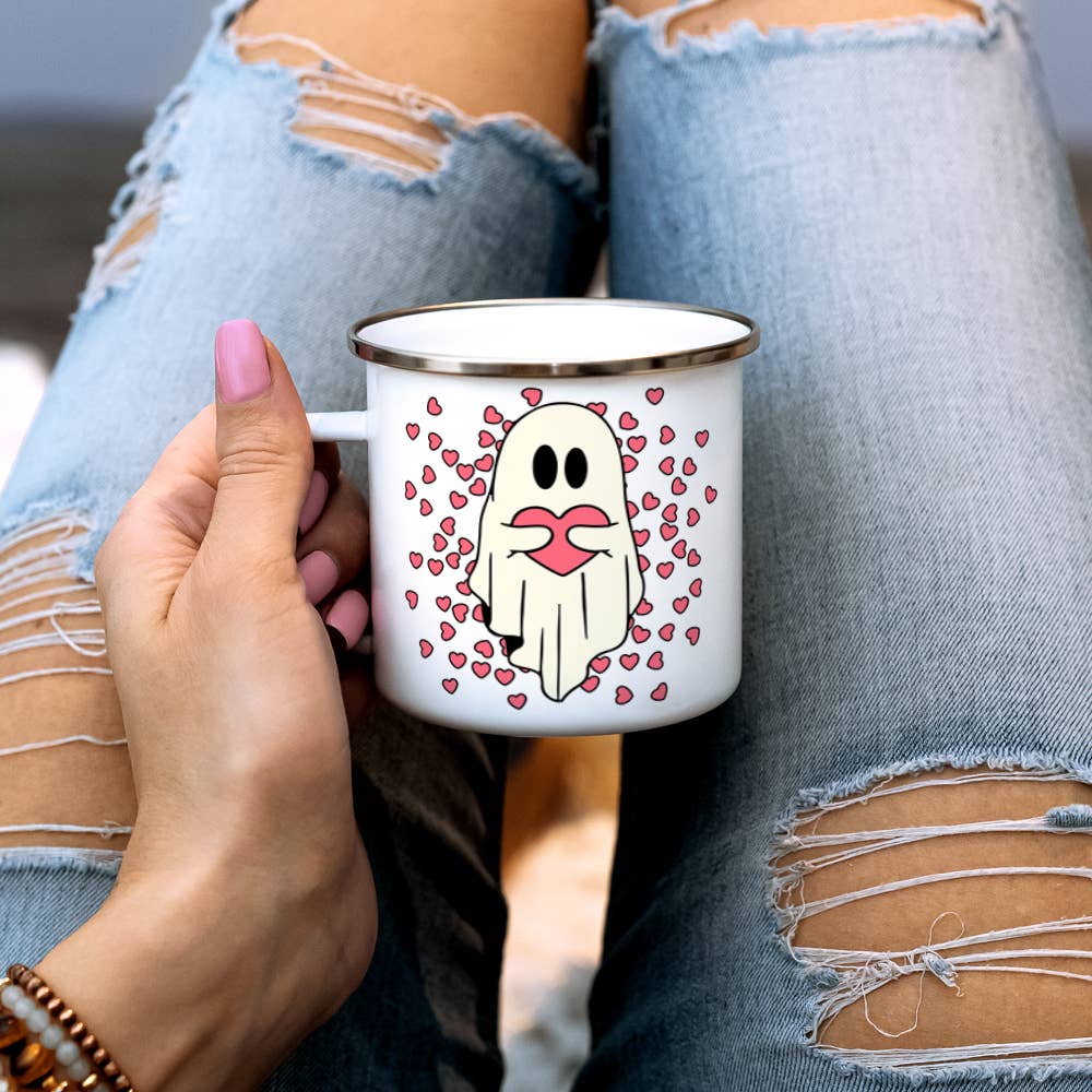 Cute Spooky Pink Heart Ghost Camp Mug, Valentines Day Gifts