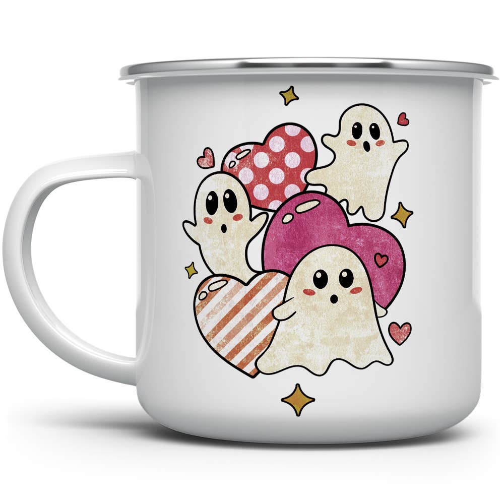 Cute Spooky Ghost and Heart Camp Mug, Valentines Day Gifts