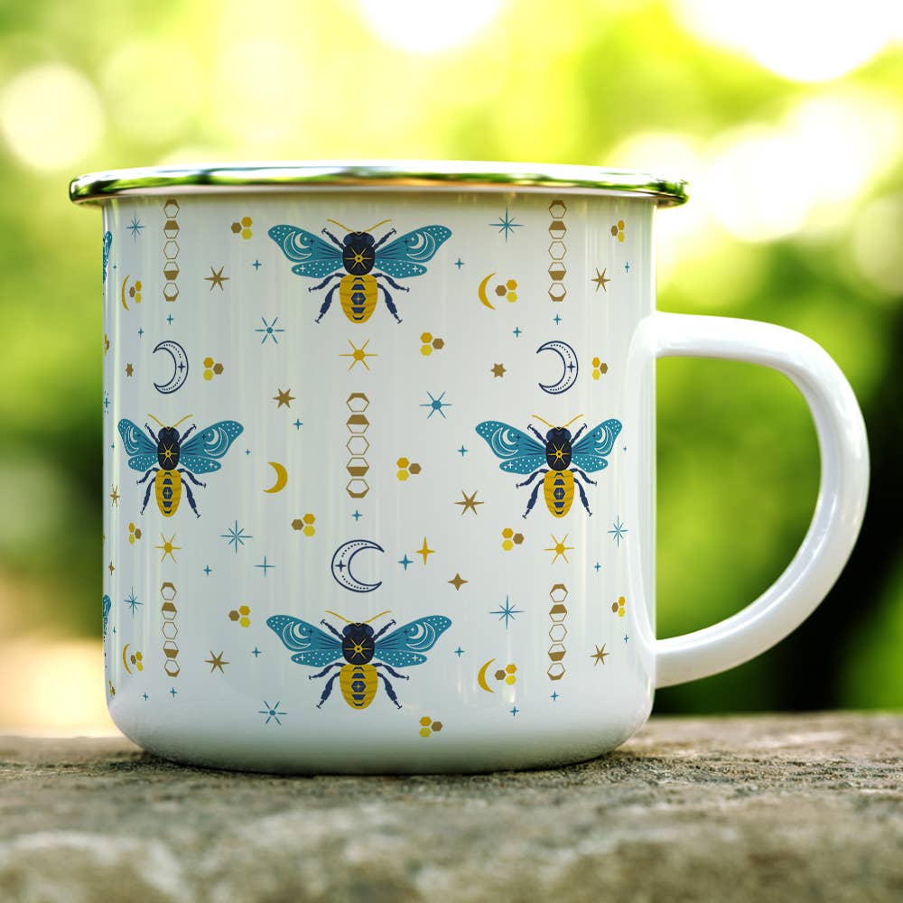 Celestial Bee Pattern Camp Mug,  Nature Moon Stars Cup