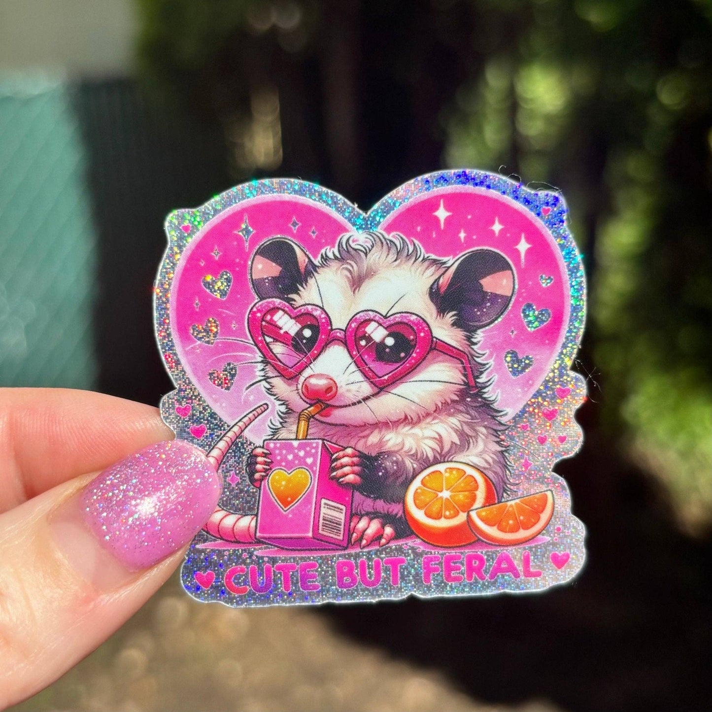 Cute but Feral Possum Glitter Sticker