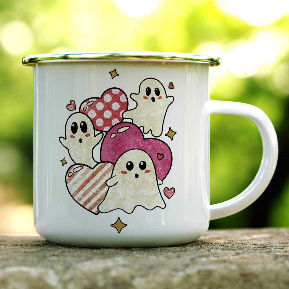 Cute Spooky Ghost and Heart Camp Mug, Valentines Day Gifts