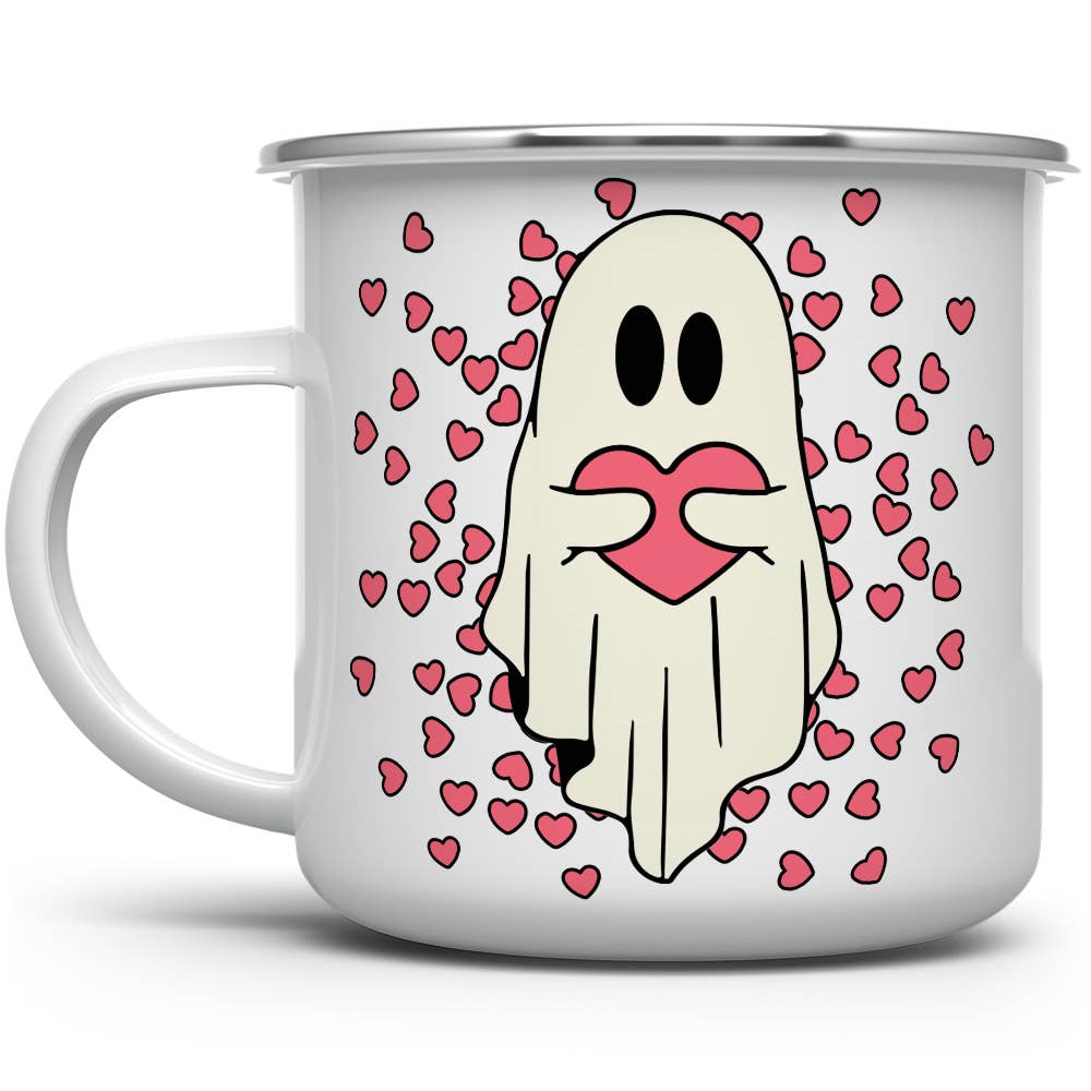 Cute Spooky Pink Heart Ghost Camp Mug, Valentines Day Gifts