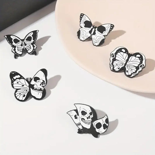 Skeleton Moth Butterfly Enamel Pins - Gothic Insect Jewelry