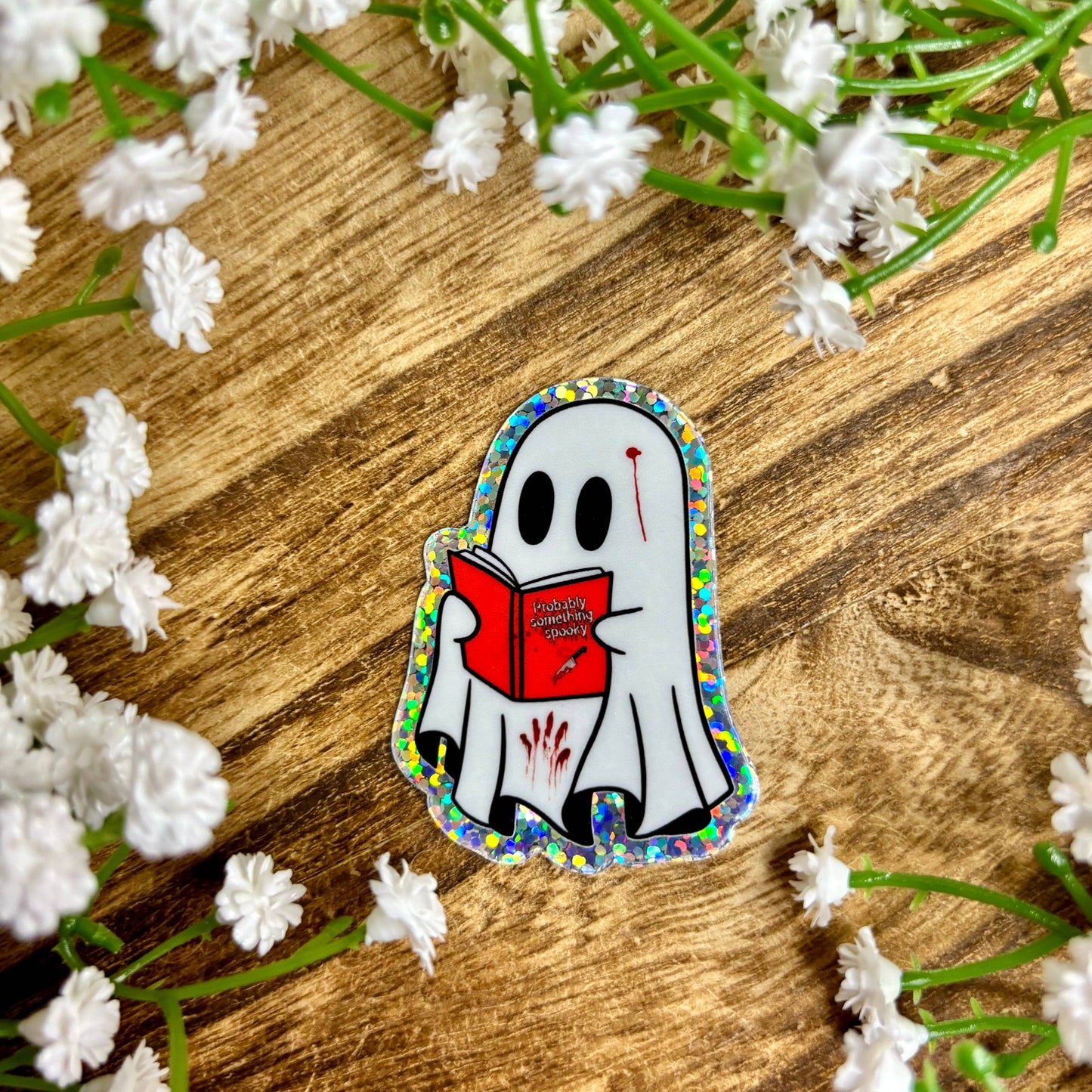 Ghosts Reading Something Spooky Glitter Sticker